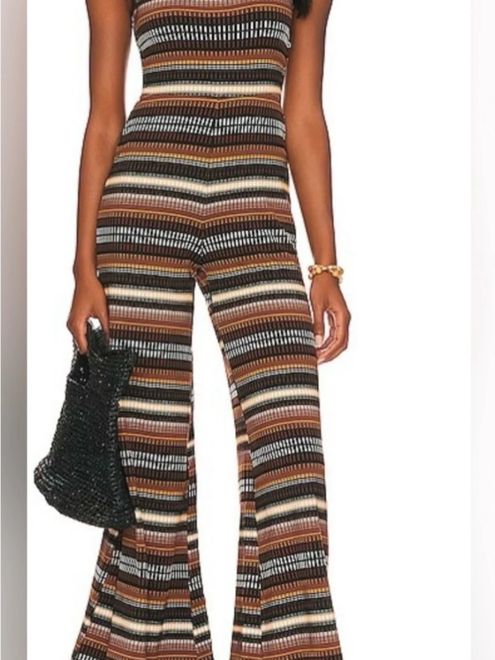 Free People Dixie Strapless Brown Black Cream Multi-Stripe Wide-Leg Jumpsuit
